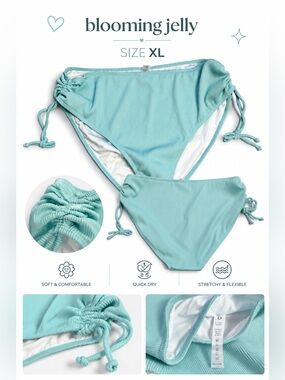 NWT Blooming Jelly Ribbed Side Tie Bikini Bottom XL Aqua Blue Swimwear